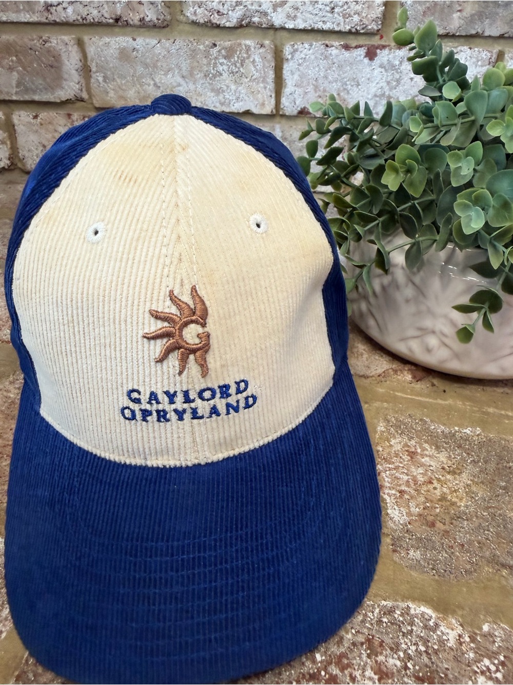 Vintage | Blue and Cream Corduroy Baseball Hat with Sun Embroidery